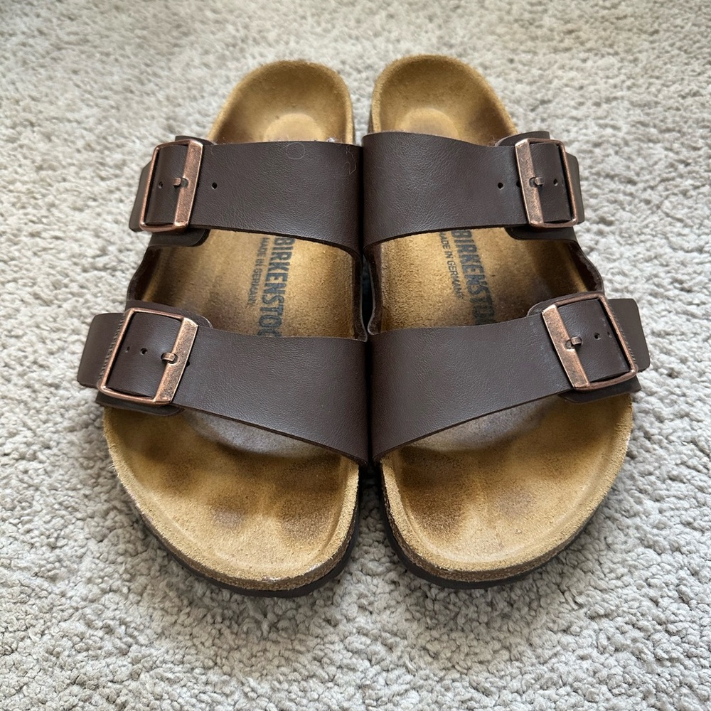 Birkenstock Arizona Double Strap Sandals in Dark Brown with Tan Footbed